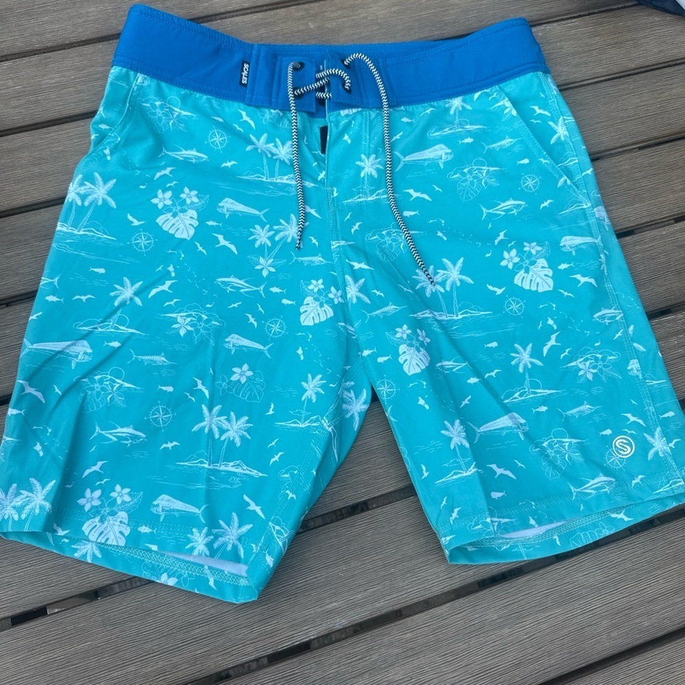 Scales Teal and White Swim Shorts